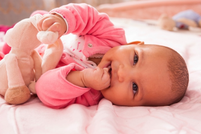 Adorable little african american baby girl playing with a plush